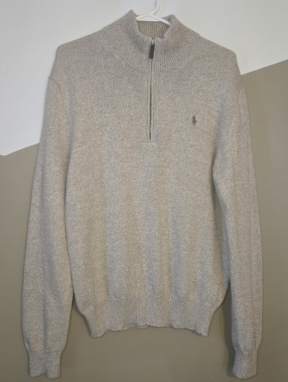 Polo Ralph Lauren Men's Knit 1/4 Zip Ribbed Trim Pullover Sweater Oatmeal Medium